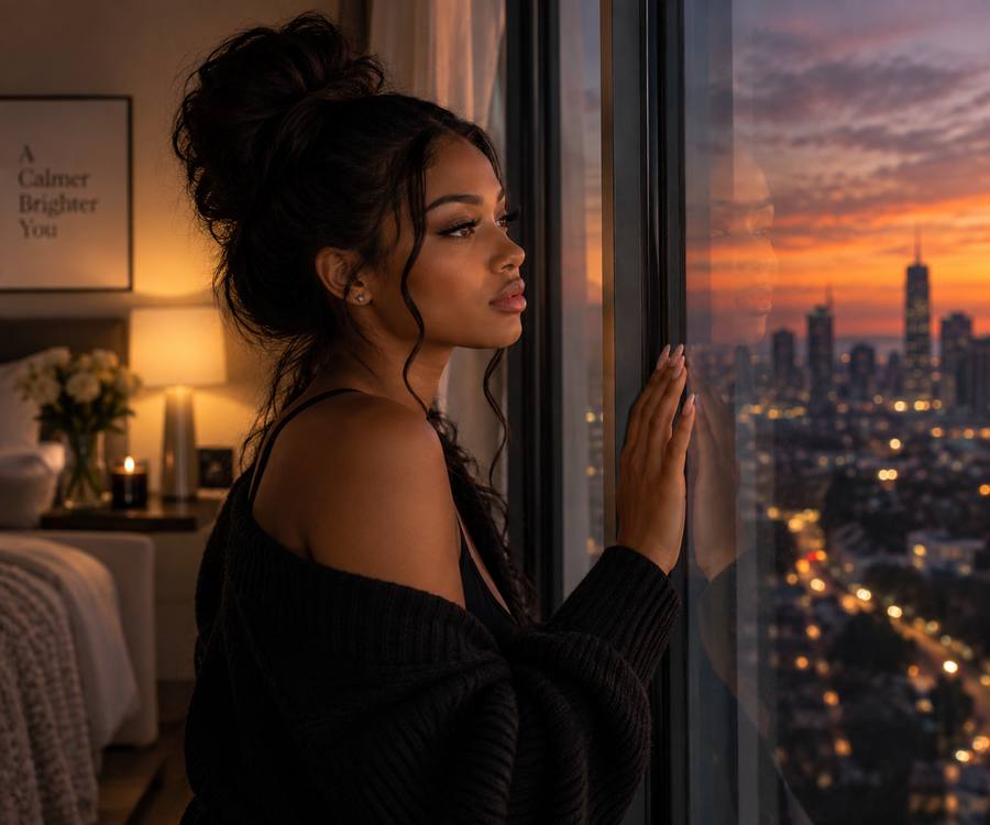 Femme qui regarde la ville par la fenêtre, pensive