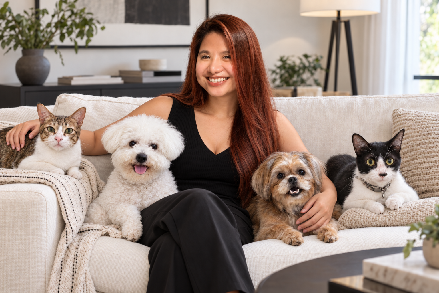 Janellyn Briones sitting on a sofa with her two dogs and two cats