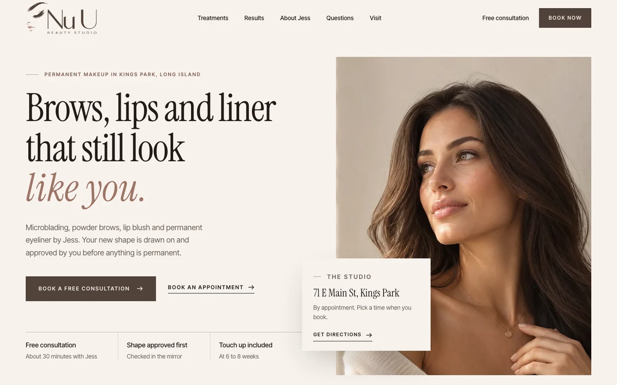 Nu U Beauty Studio permanent makeup website homepage