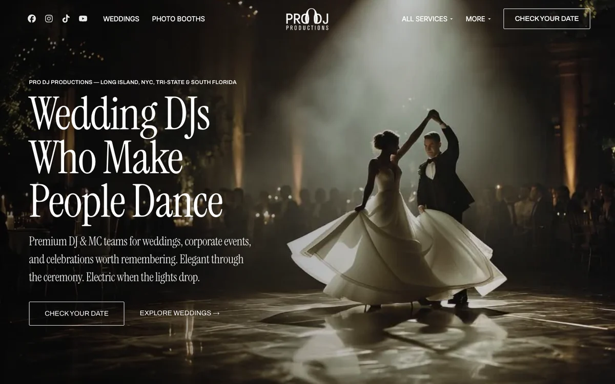 Pro DJ Productions wedding DJ website homepage