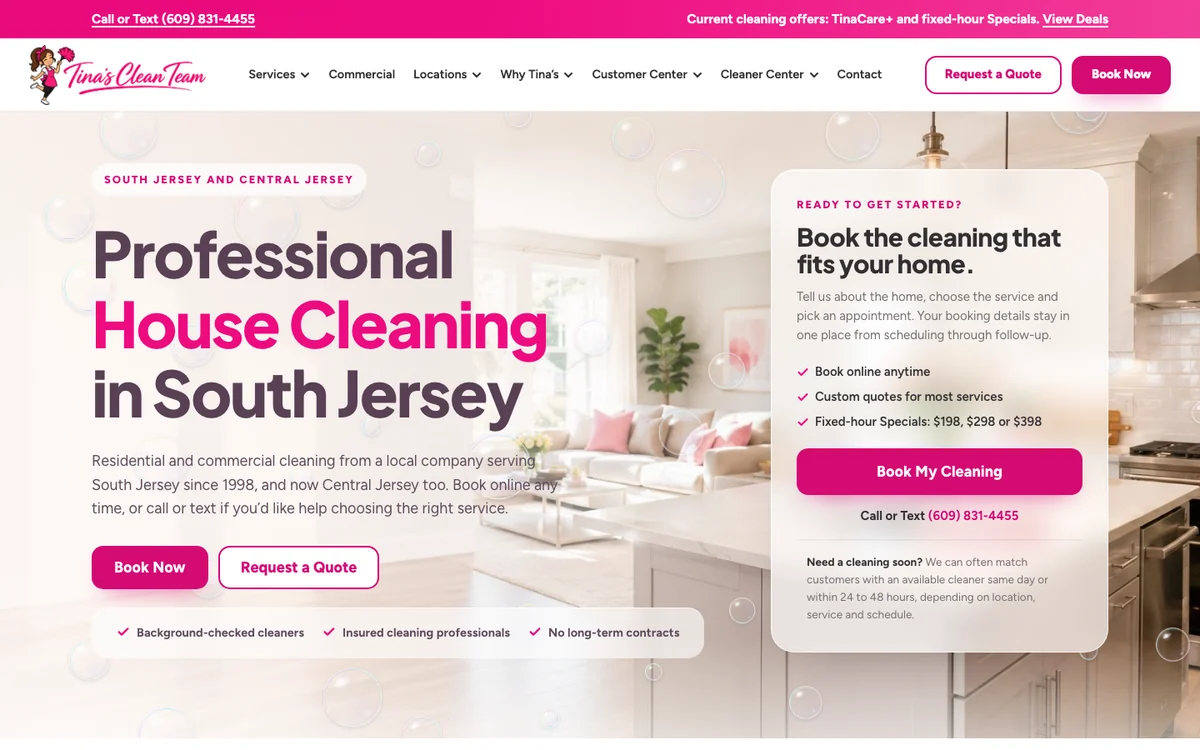 Tina's Clean Team homepage with online booking