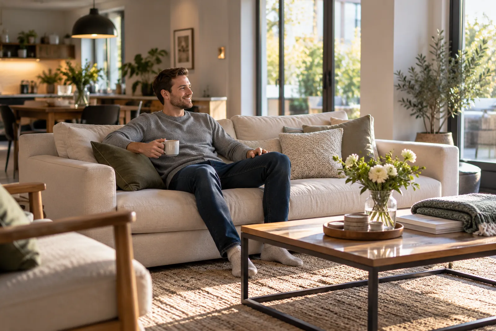 Homeowner relaxing on the sofa in a freshly cleaned living room