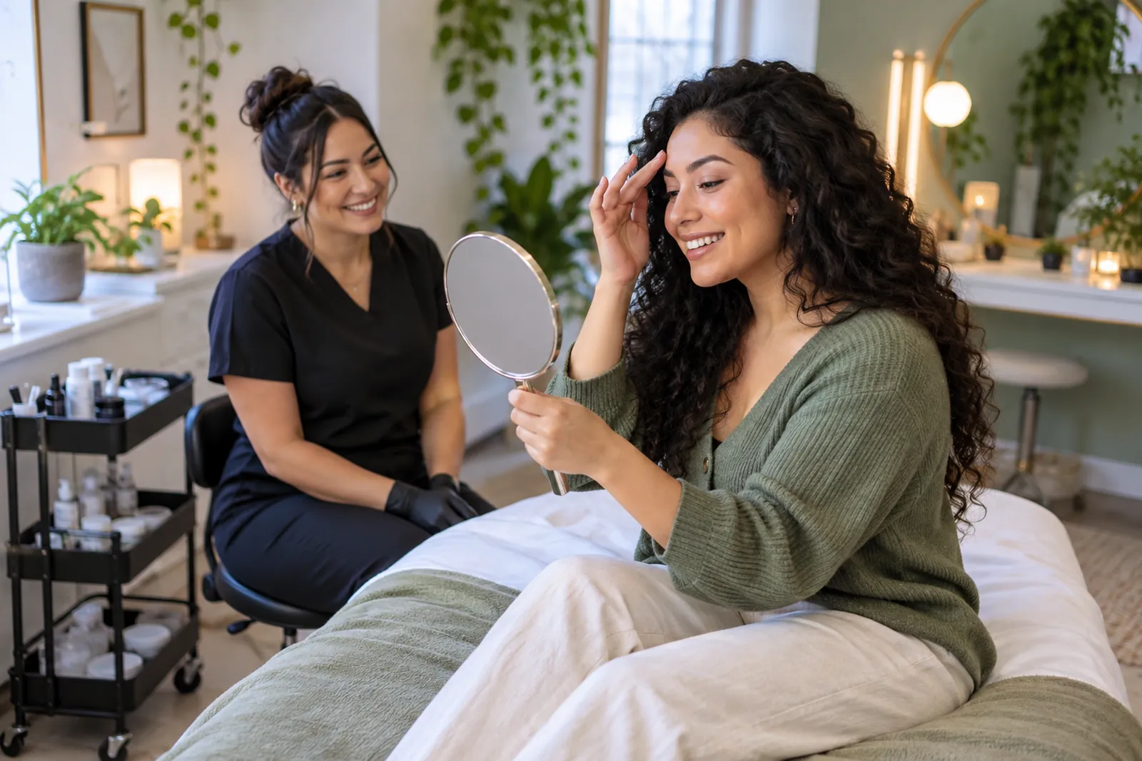 Client admiring her new brows in a hand mirror