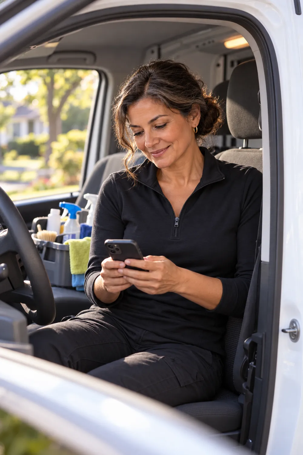 Cleaning business owner checking a new booking on her phone in her van