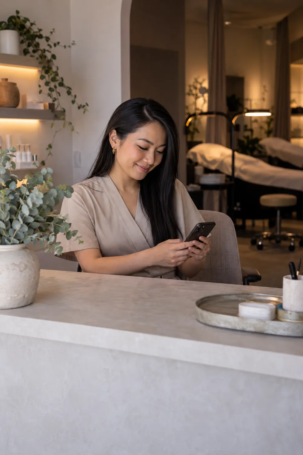 Studio owner smiling at her phone at the front desk