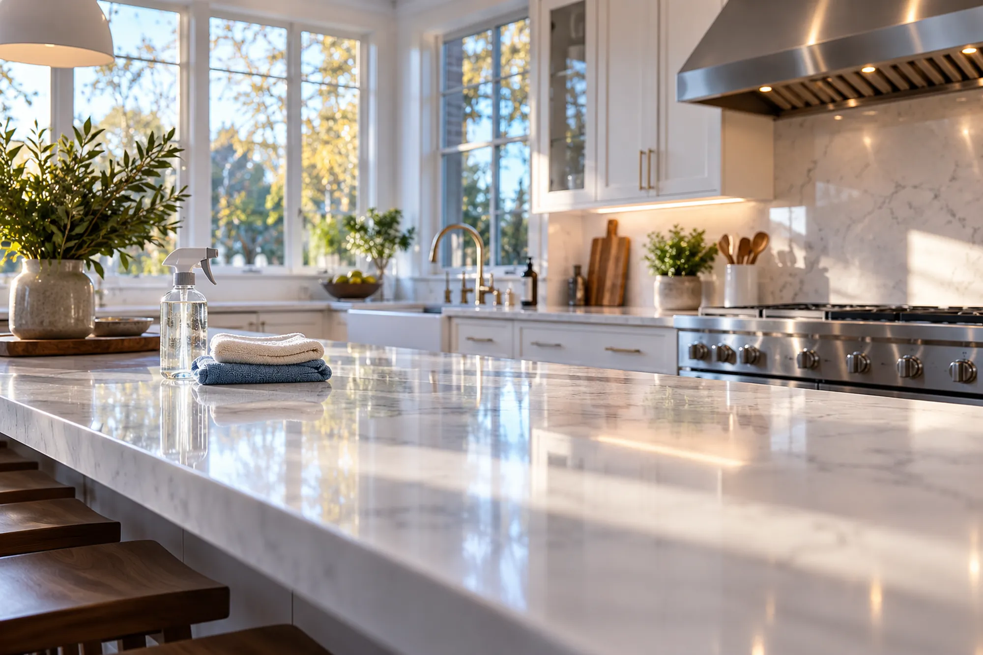 Spotless white kitchen after a deep clean