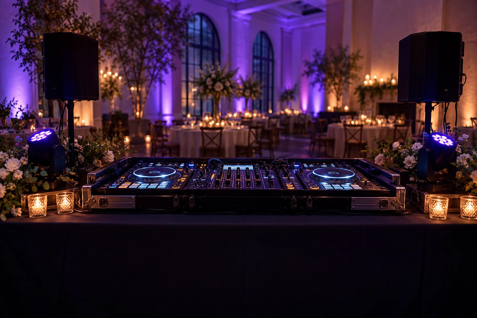 DJ booth set up at a wedding venue before guests arrive