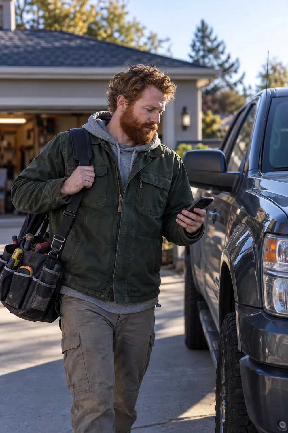 Home services owner checking his phone by his truck