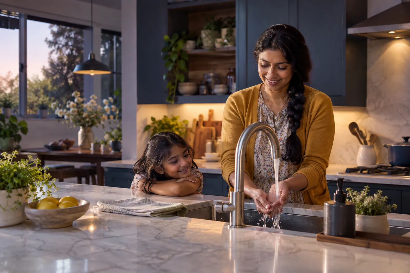 Mother and daughter at a newly installed kitchen faucet