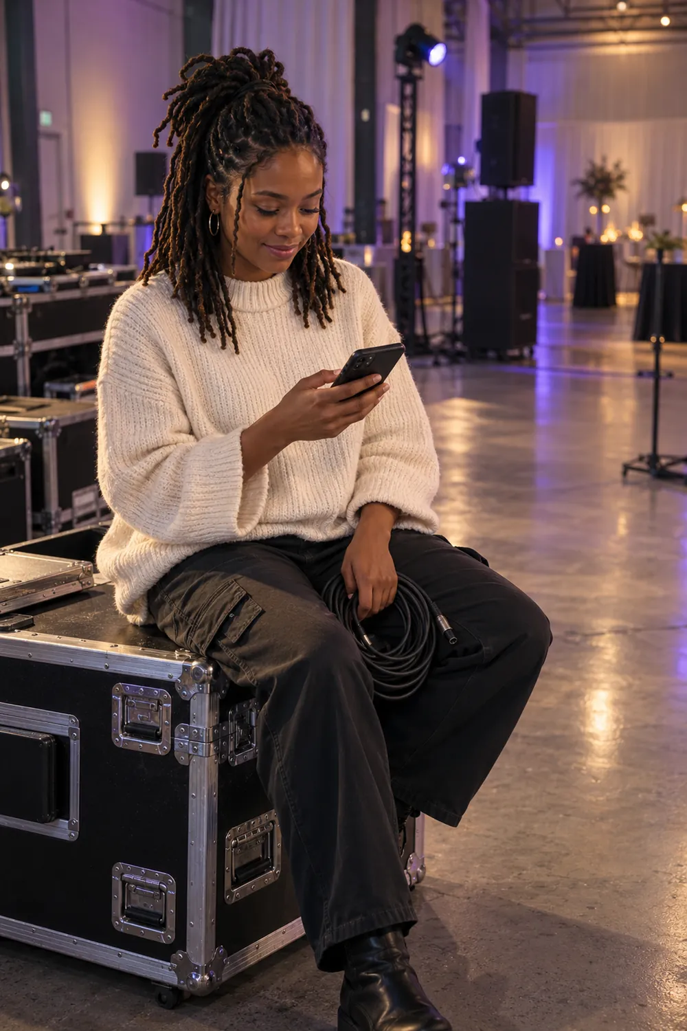 Event company owner checking her phone on a road case during setup