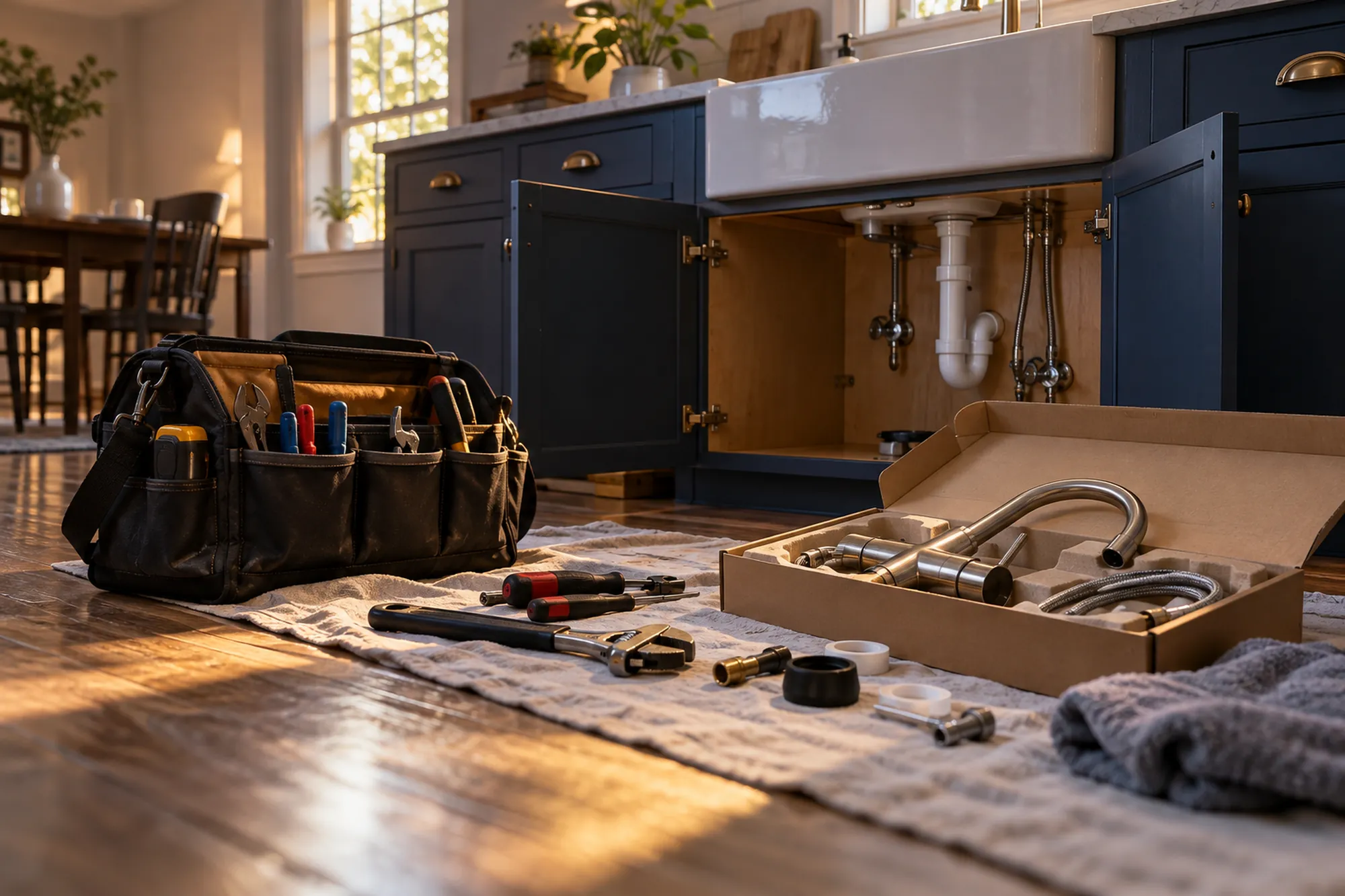 Open tool bag beside a sink cabinet during a faucet install
