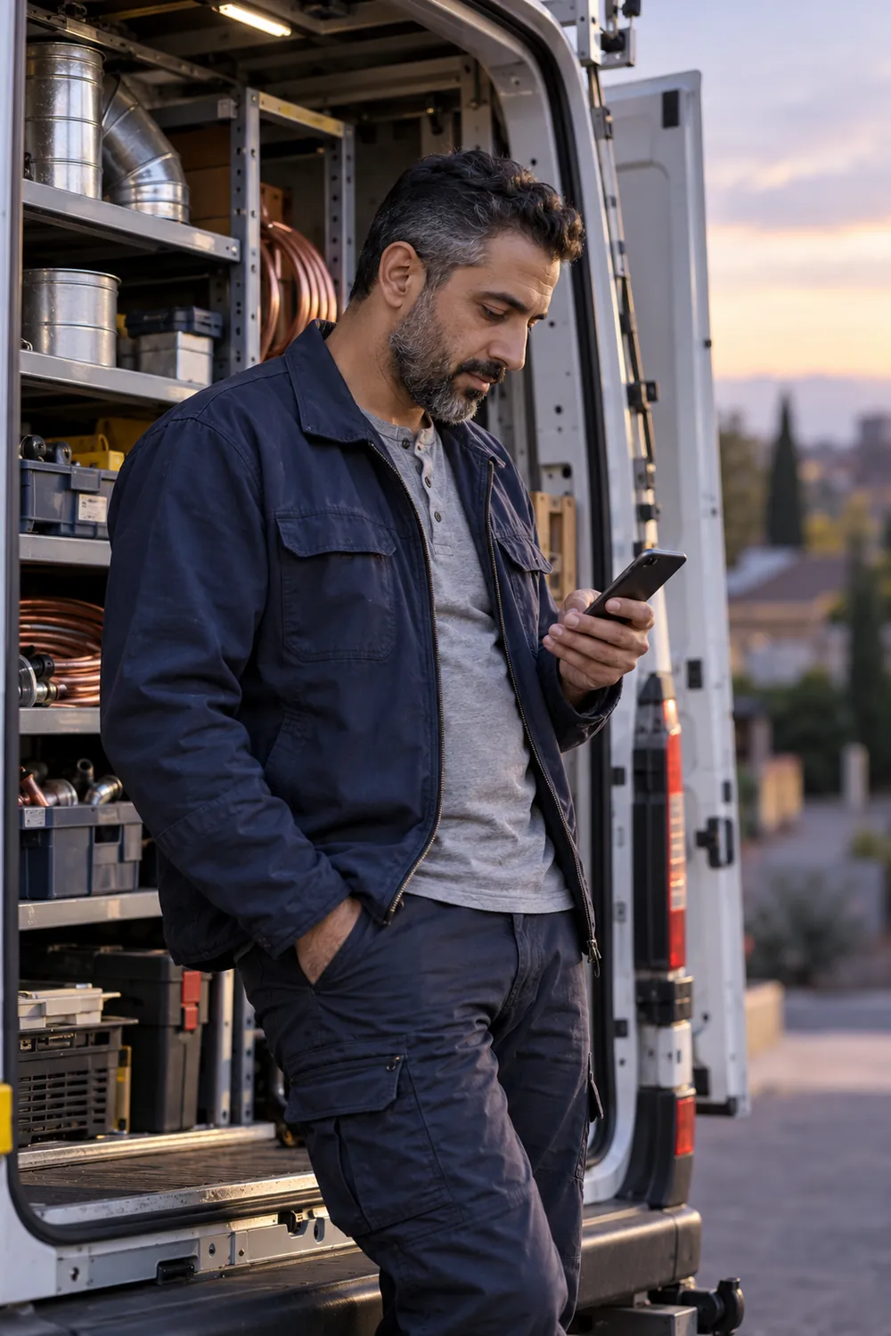 HVAC company owner reading a message by his work van