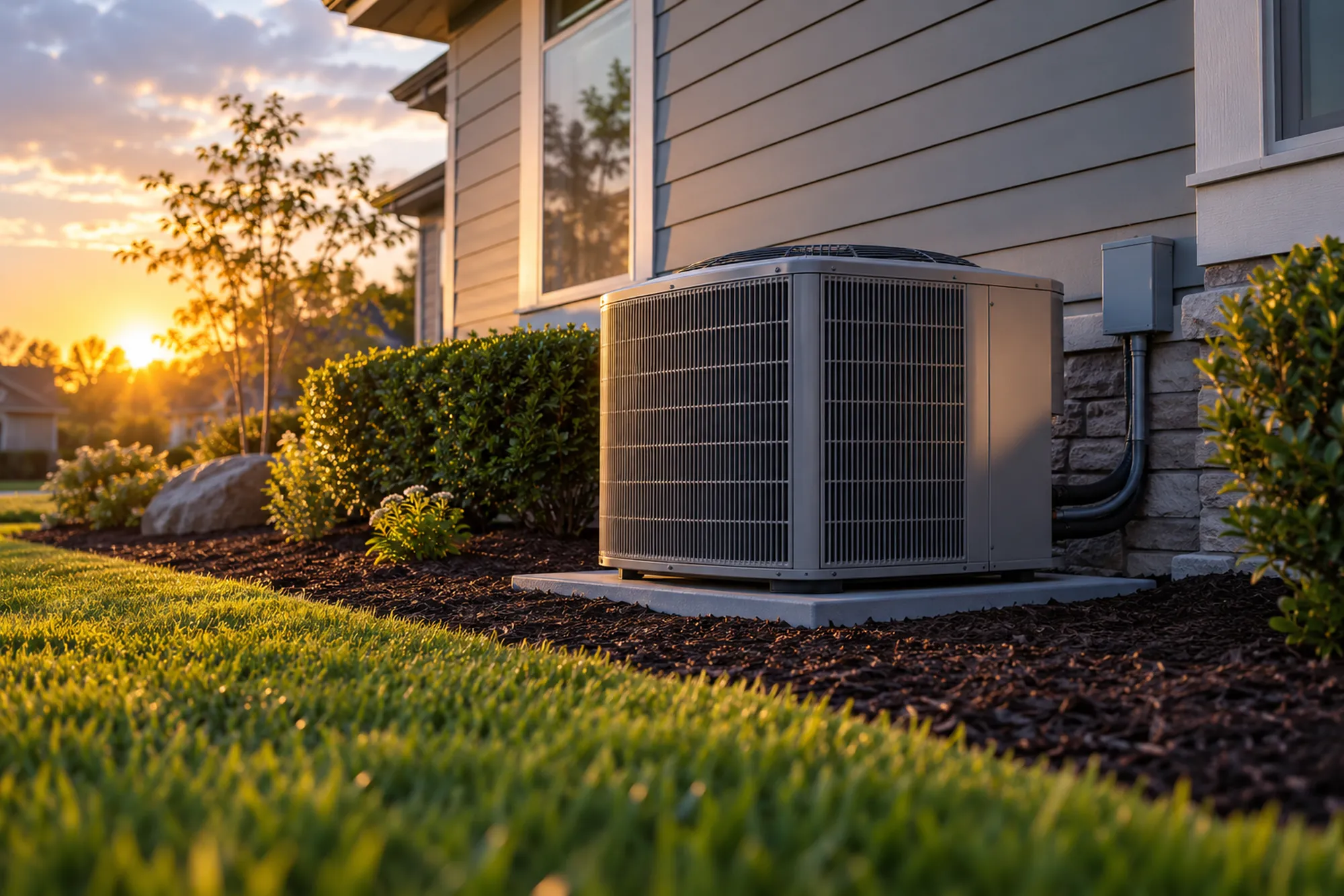 Outdoor AC condenser beside a house at sunset