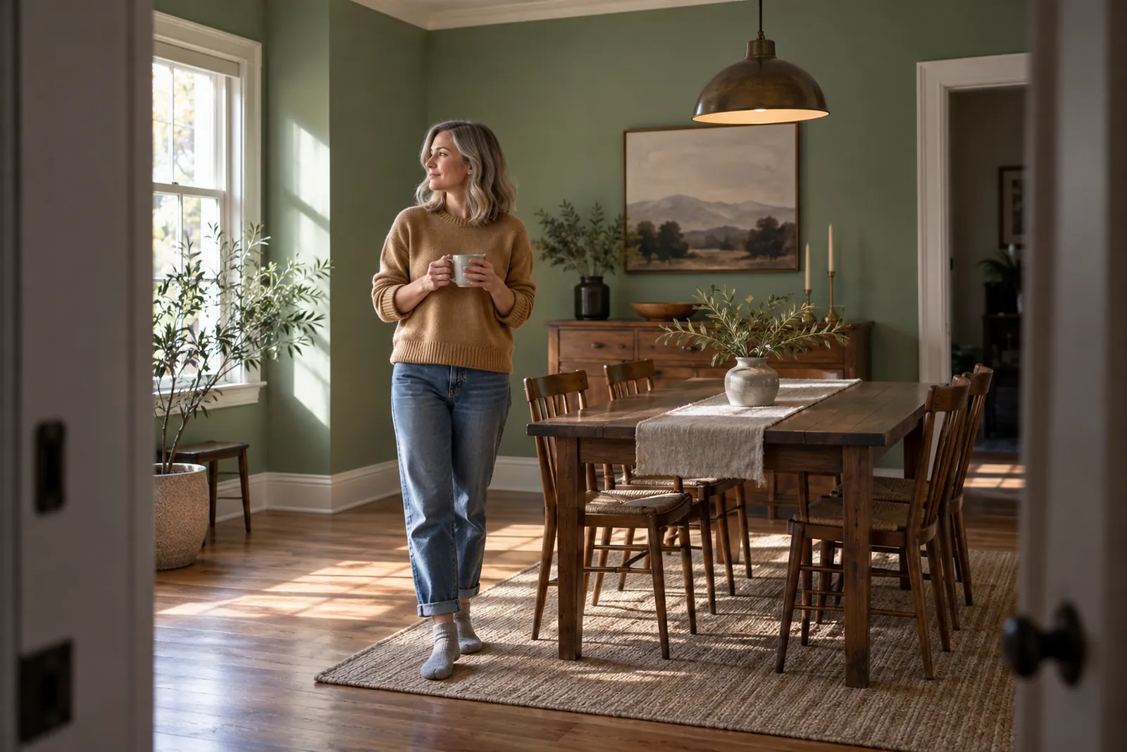 Homeowner admiring her newly painted dining room