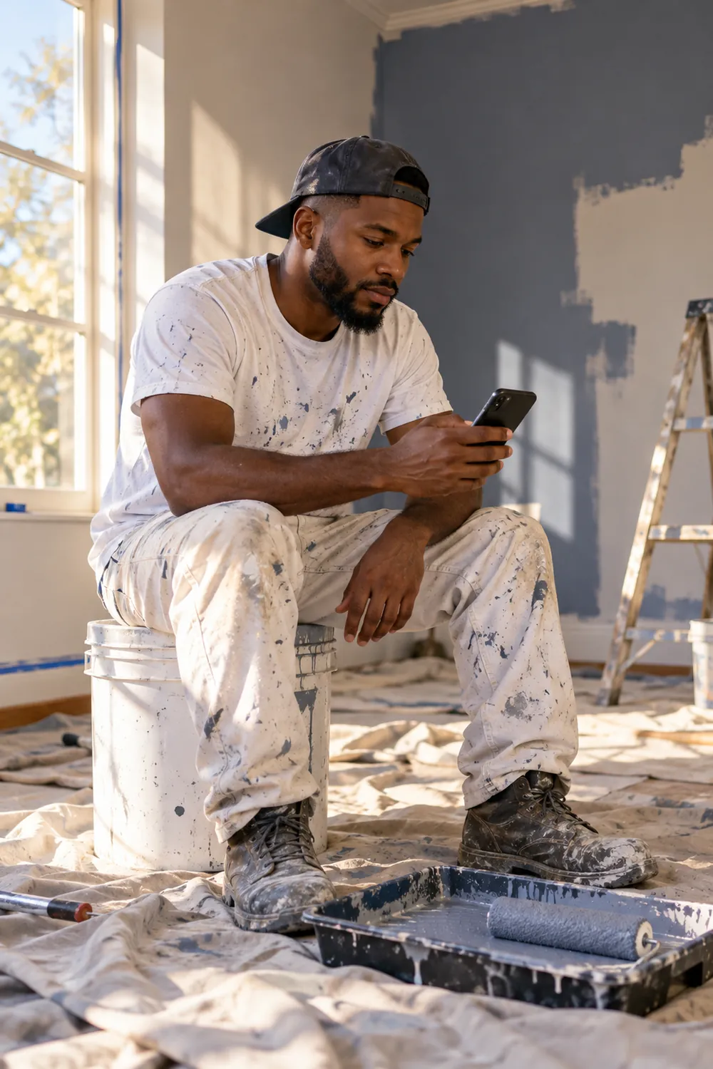 Painting contractor checking his phone on a job site