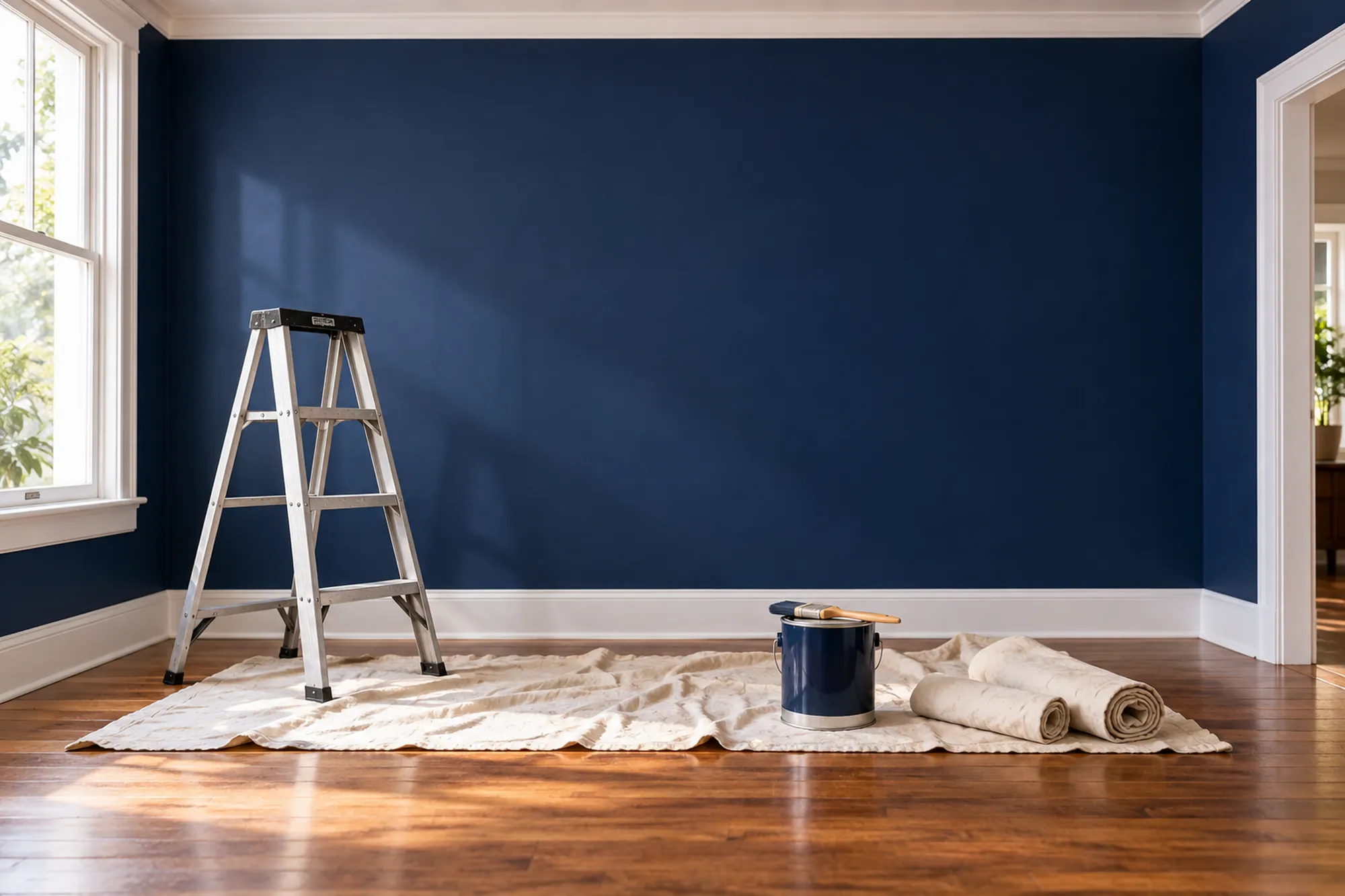 Freshly painted navy feature wall with a ladder and drop cloths