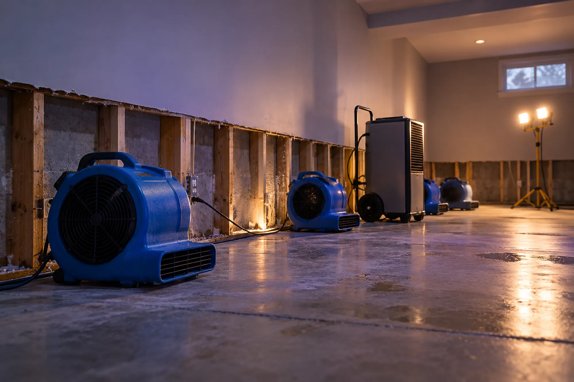 Air movers drying a basement after water damage
