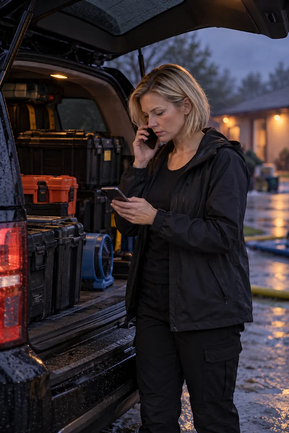 Restoration company owner on an urgent call by her vehicle