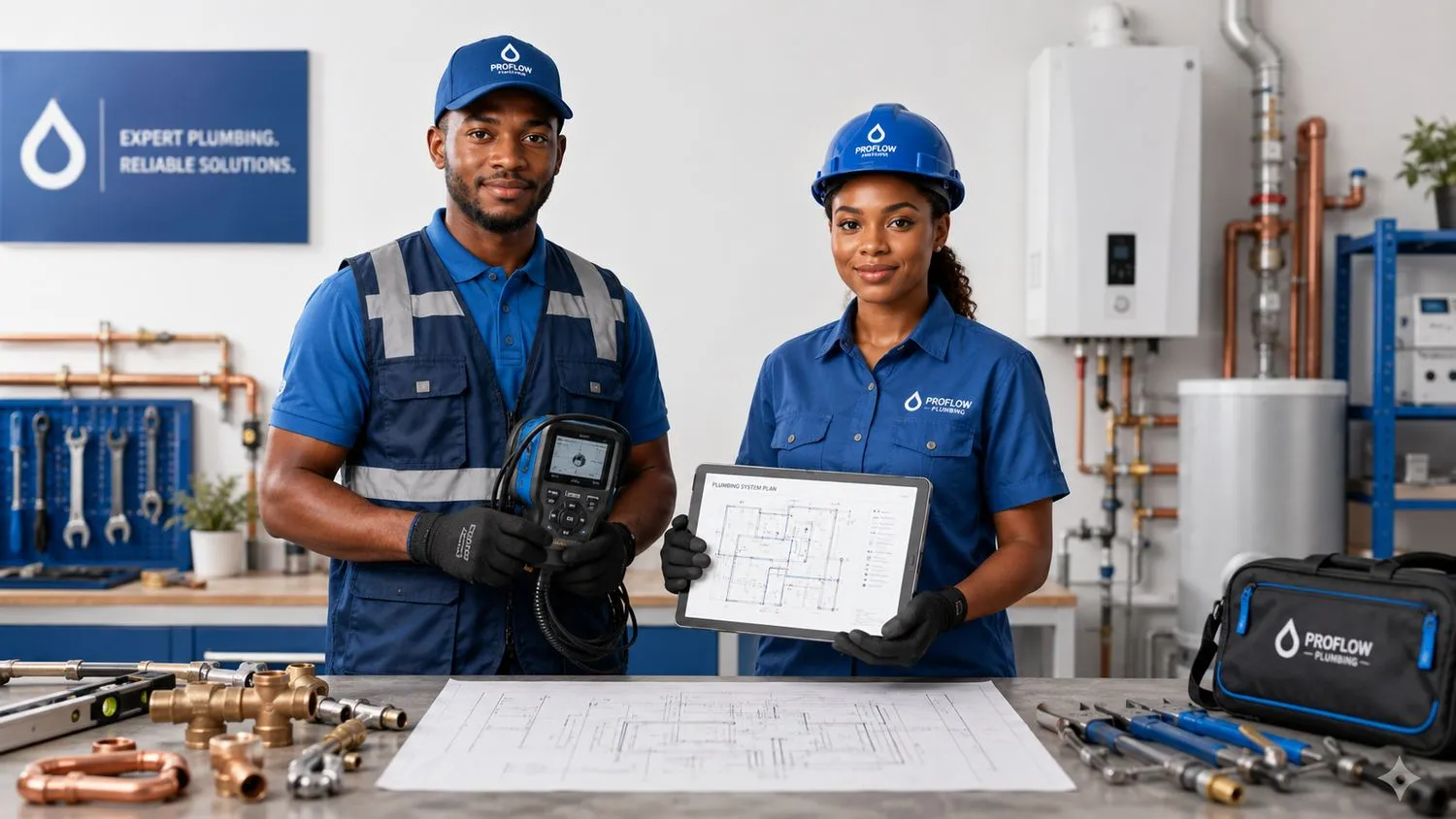 Two uniformed plumbing technicians in a workshop with diagnostic tools, copper fittings and a system plan