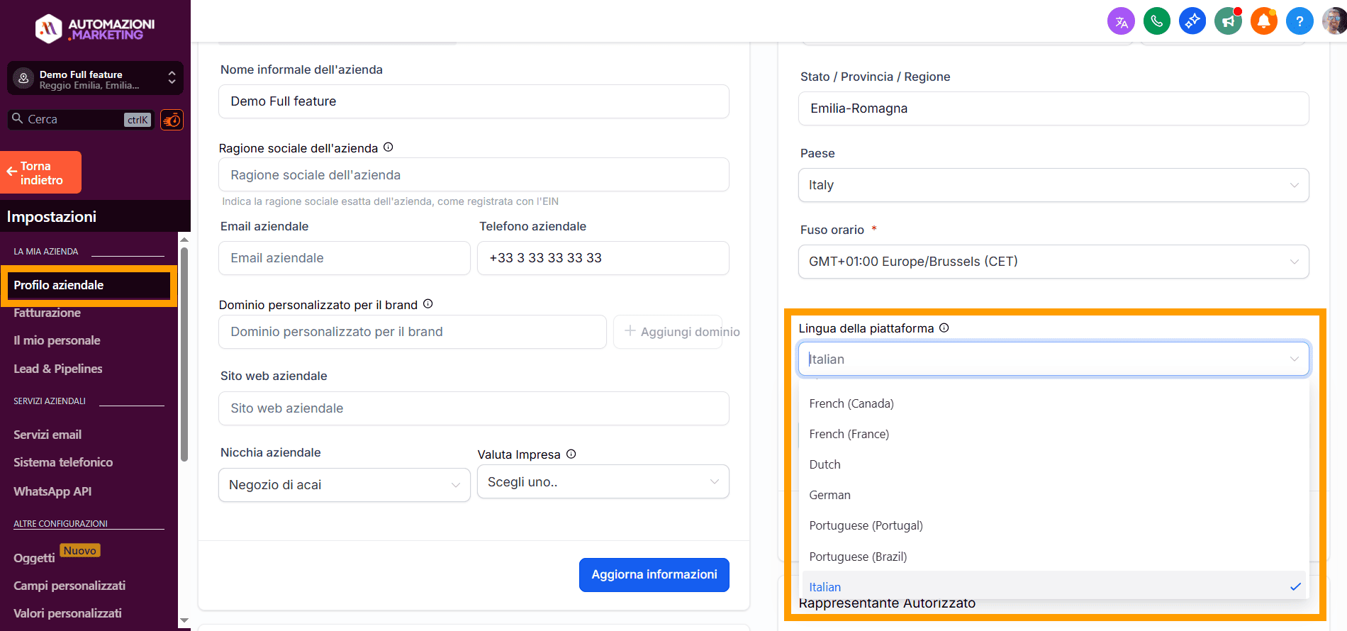 Lingua profilo aziendale