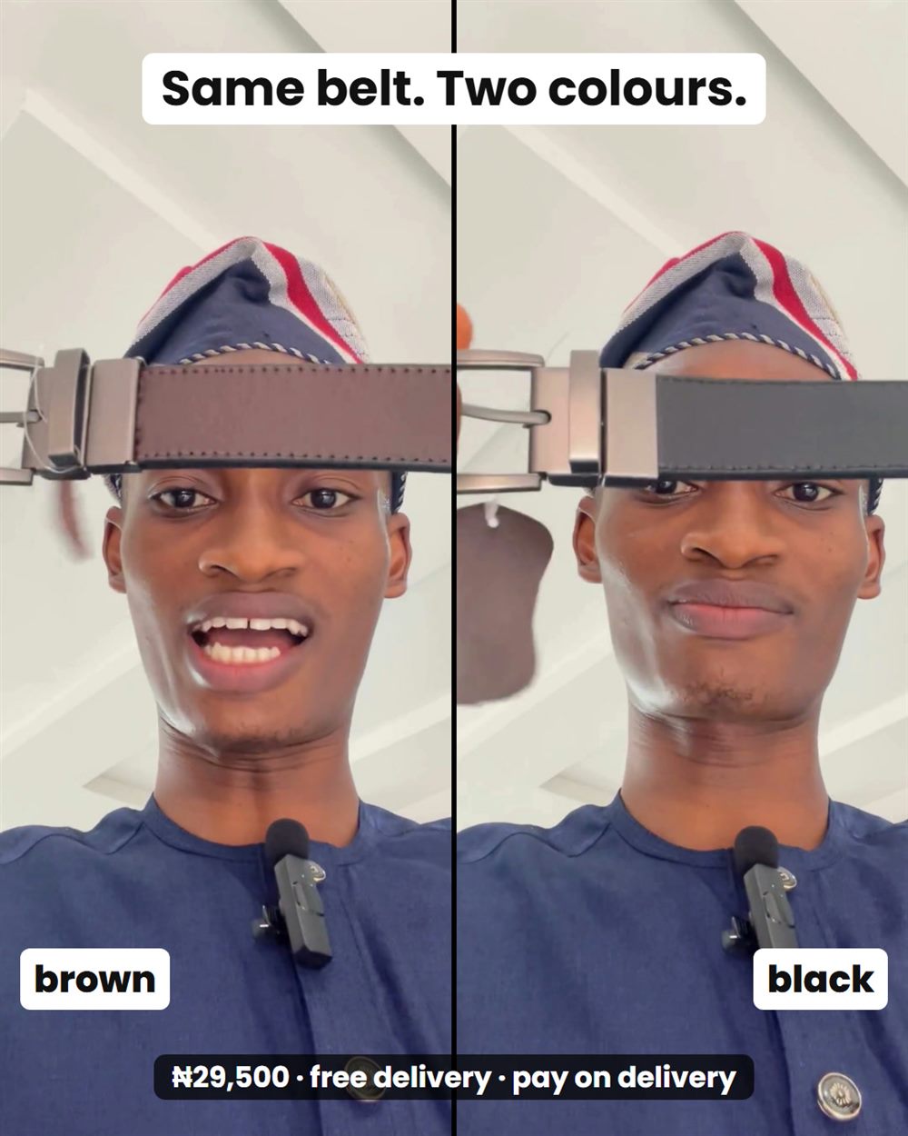 The same belt shown on its brown side and its black side