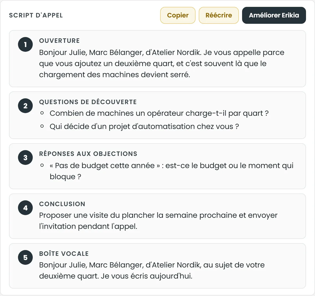 Script d’appel en cinq étapes : ouverture, questions de découverte, réponses aux objections, conclusion et boîte vocale.