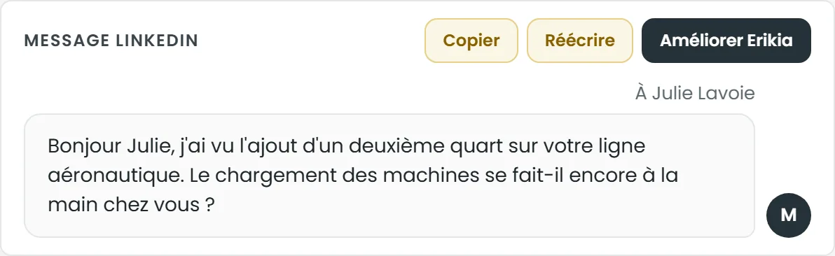 Message LinkedIn de deux phrases adressé à Julie Lavoie.