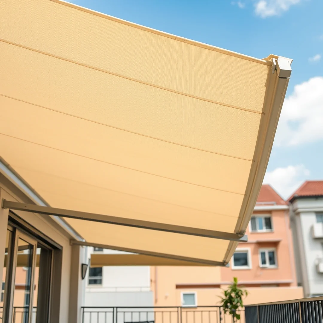 Közelről részletes kép egy feszített vászon napellenzőről modern fém tartóvázzal egy pest megyei lakóterasz felett.