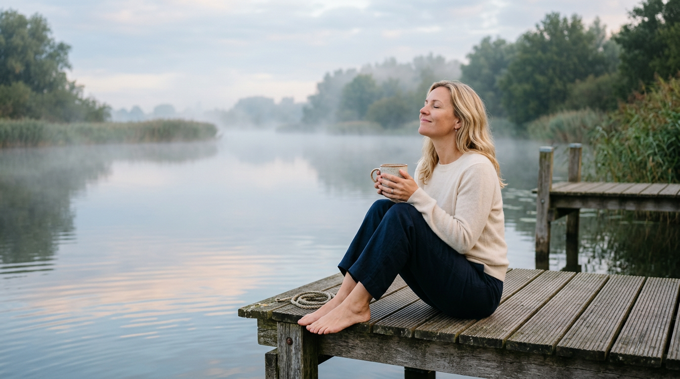Vrouw in lichte trui zit ontspannen op een houten steiger aan een mistig meer met een mok in haar handen