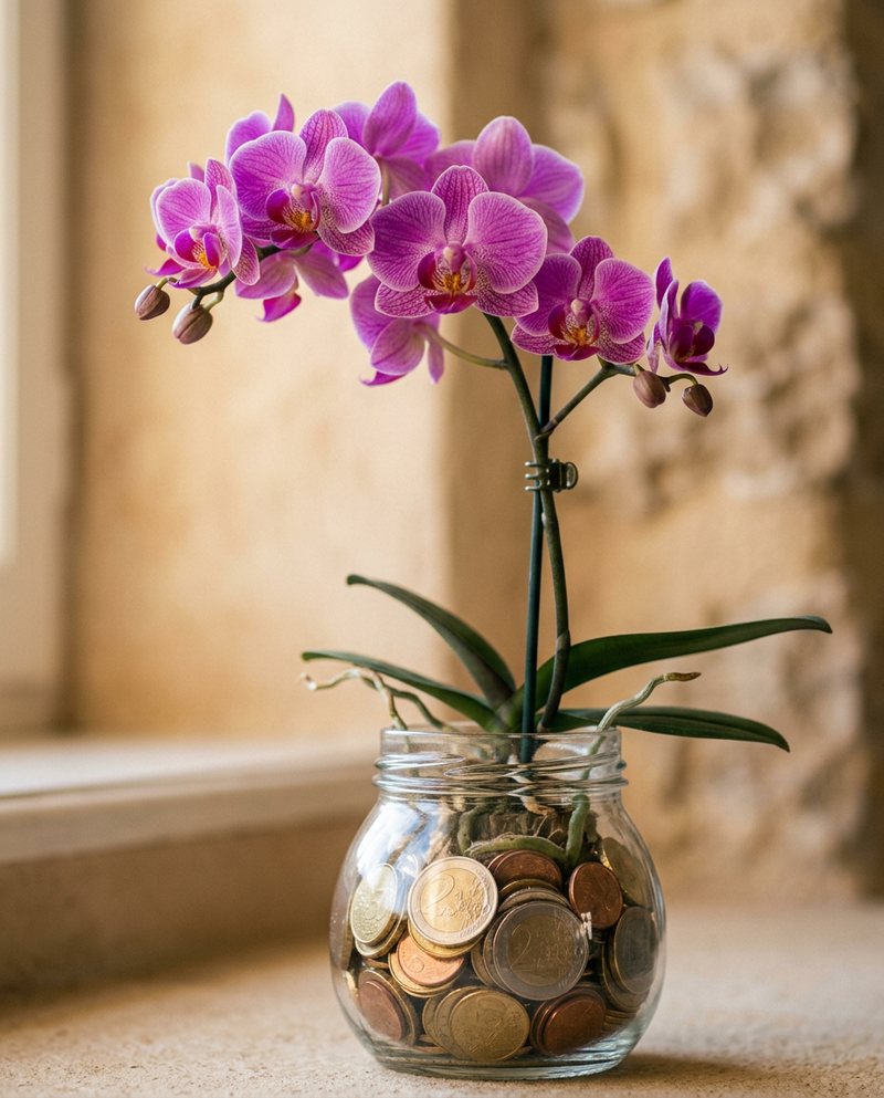 Glazen pot met euromunten waar een paarse orchidee uit groeit