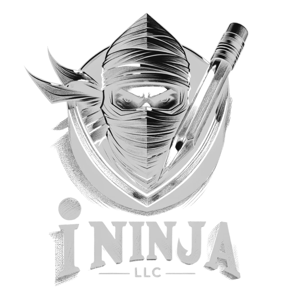 I Ninja LLC company logo, a masked ninja holding a pencil over a shield