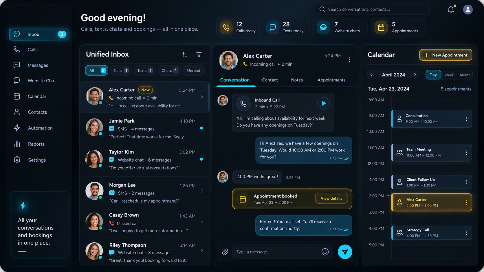 I Ninja LLC Calls, text messages, and website chats arriving in one shared inbox alongside a booking calendar by Ian Lacovara