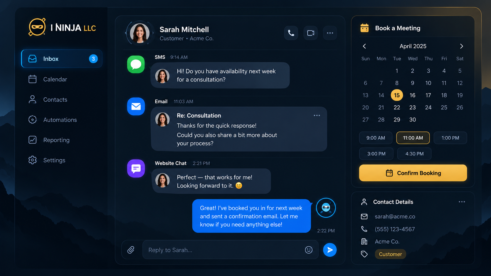 I Ninja LLC shared team inbox showing one customer conversation combining text message, email, and website message by Ian Lacovara