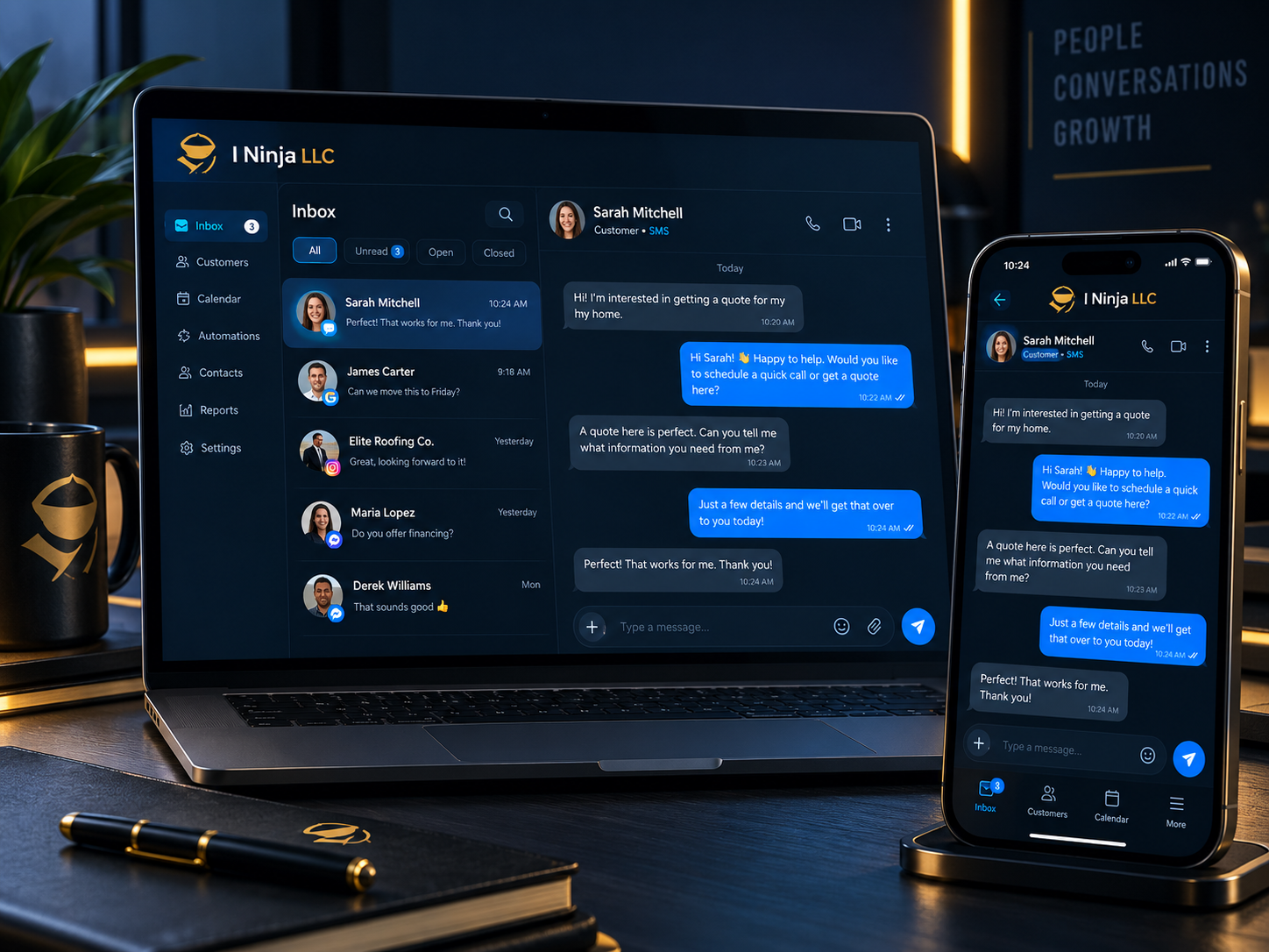 I Ninja LLC unified business messaging inbox shown on a laptop and phone with the same customer conversation by Ian Lacovara