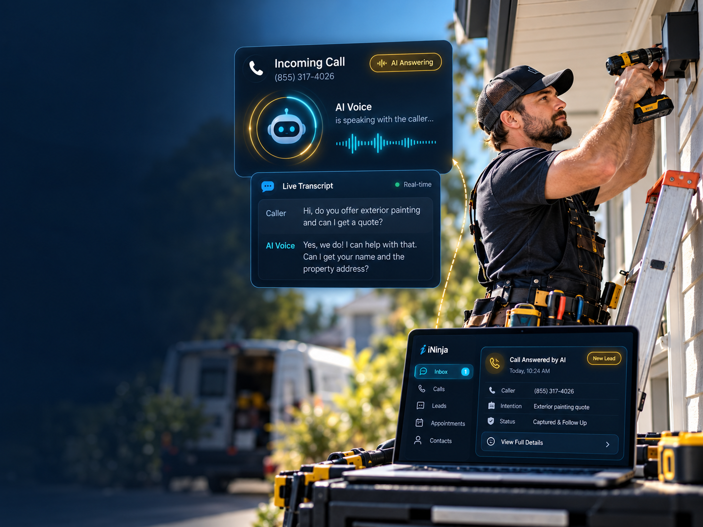 I Ninja LLC AI Voice answering a business phone call automatically while the owner keeps working by Ian Lacovara