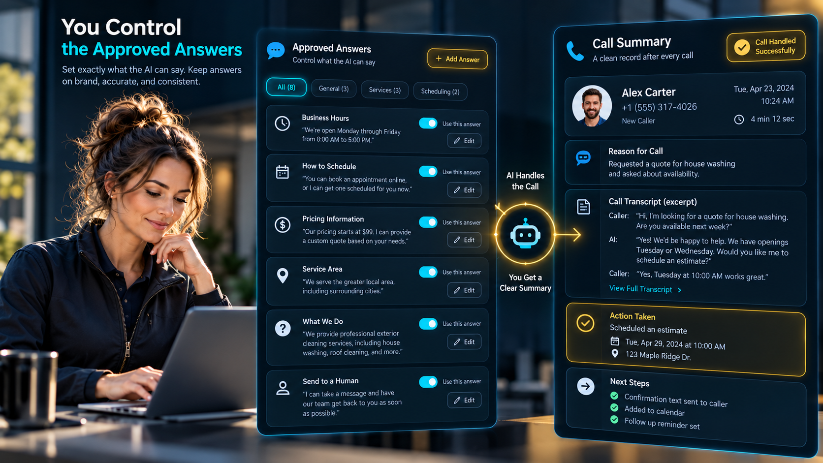 I Ninja LLC AI Voice approved answers setup screen beside a written call summary by Ian Lacovara