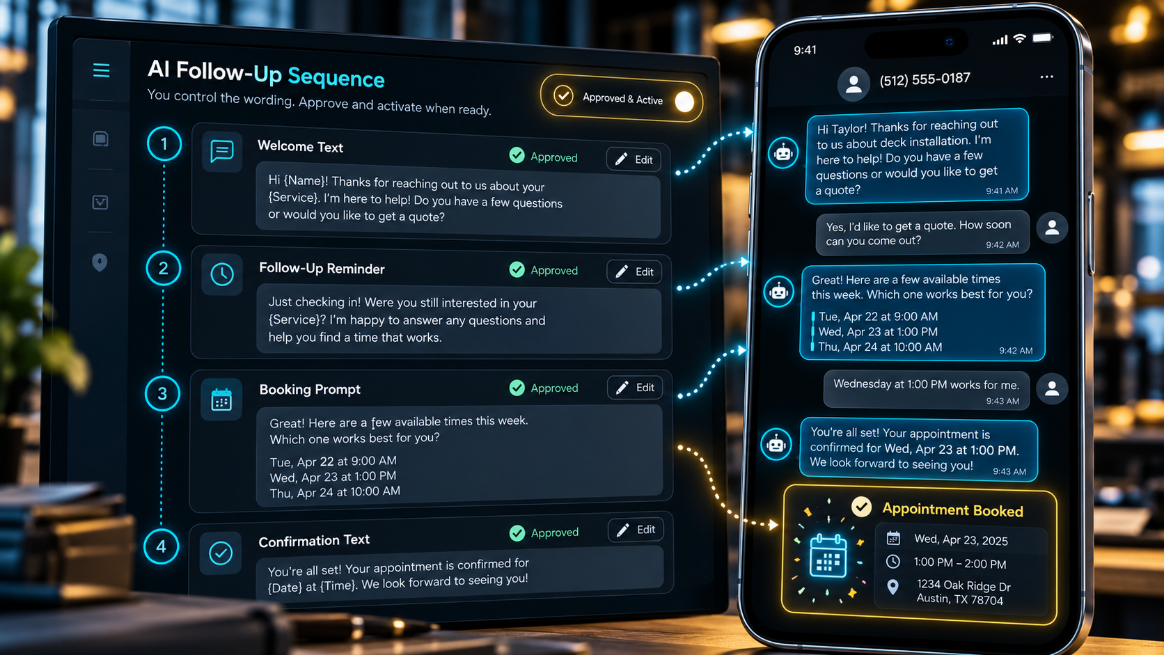 I Ninja LLC approved AI follow up message sequence beside a text conversation that leads to a booked appointment by Ian Lacovara