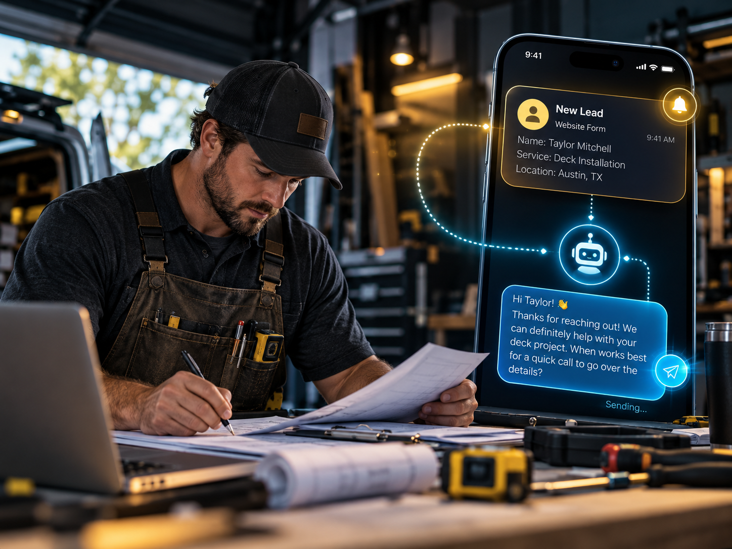 I Ninja LLC AI follow up sending an instant text reply to a new lead while the business owner keeps working by Ian Lacovara