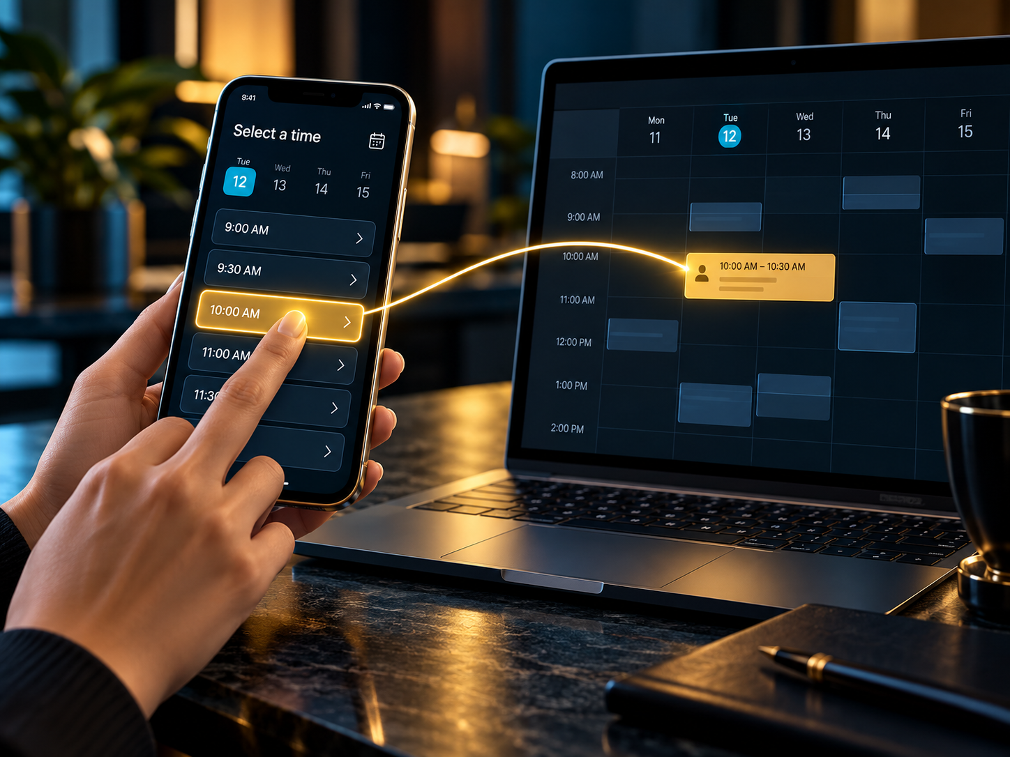 I Ninja LLC automated booking showing a customer selecting an open appointment time on a phone while it appears on the business calendar by Ian Lacovara