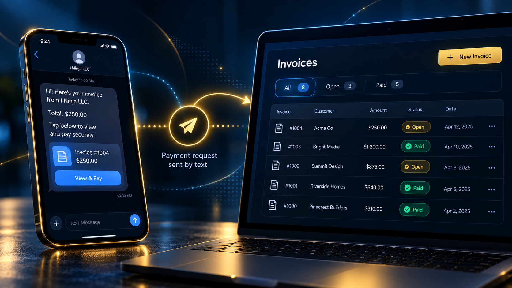 I Ninja LLC payment request sent by text beside a list of open and paid invoices by Ian Lacovara