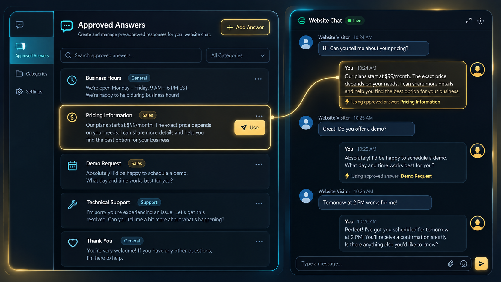 I Ninja LLC approved website chat answers beside a live customer chat conversation by Ian Lacovara