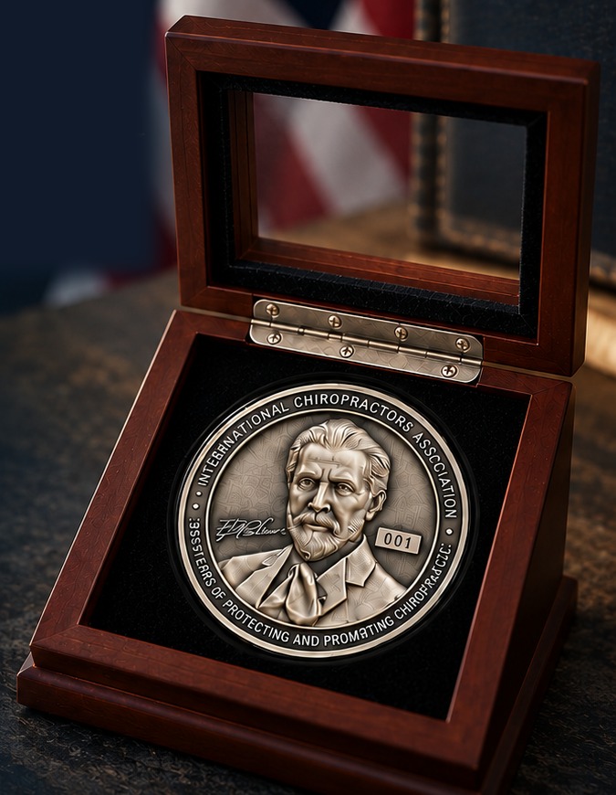 ICA centennial coin, numbered 001, in a wooden display box