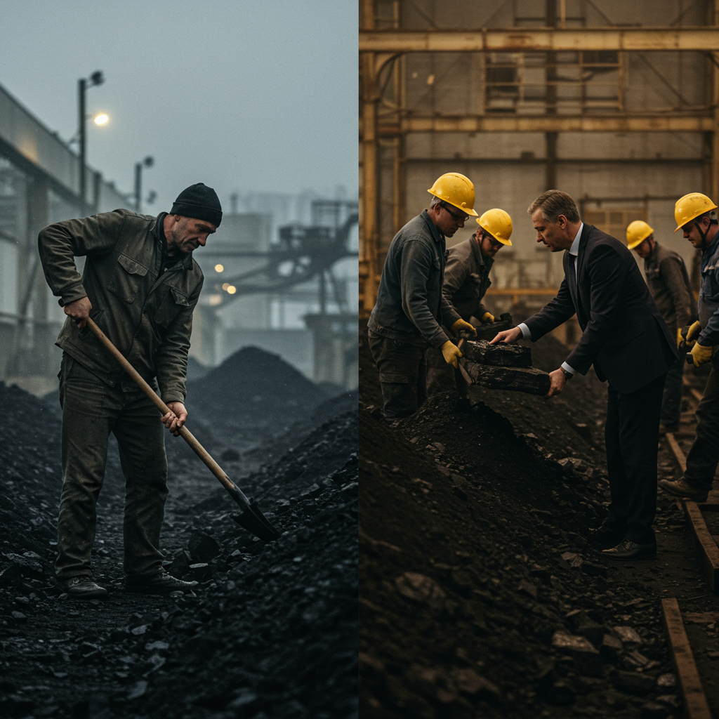 Two real estate agent mindsets illustrated by workers with equal coal piles, showing difference between hard labor and strategic leverage.