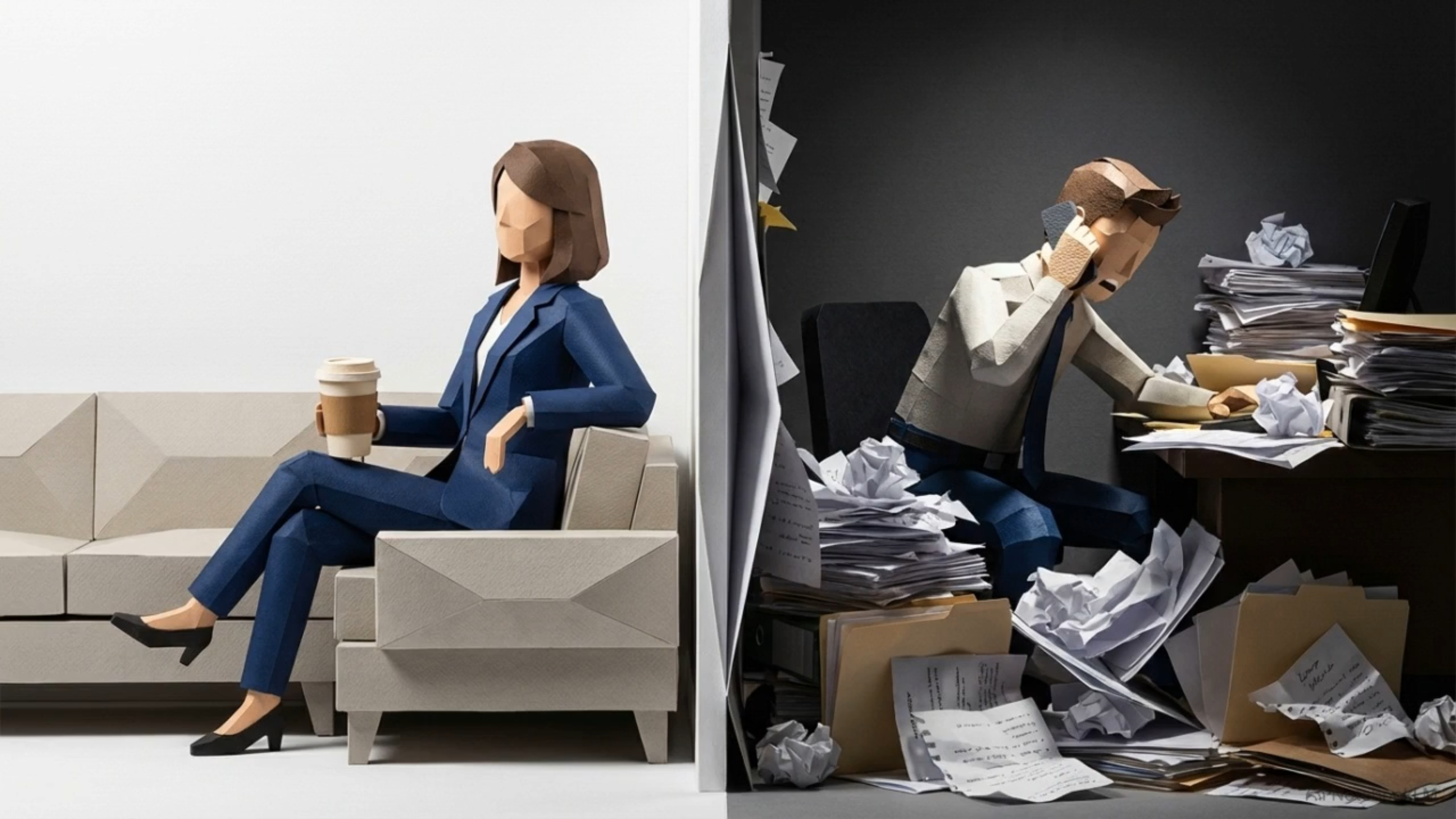 Real estate agent balancing work and parenting responsibilities, showing contrast between calm home life and stressful office workload Real estate agent balancing work and parenting responsibilities, showing contrast between calm home life and stressful office workload