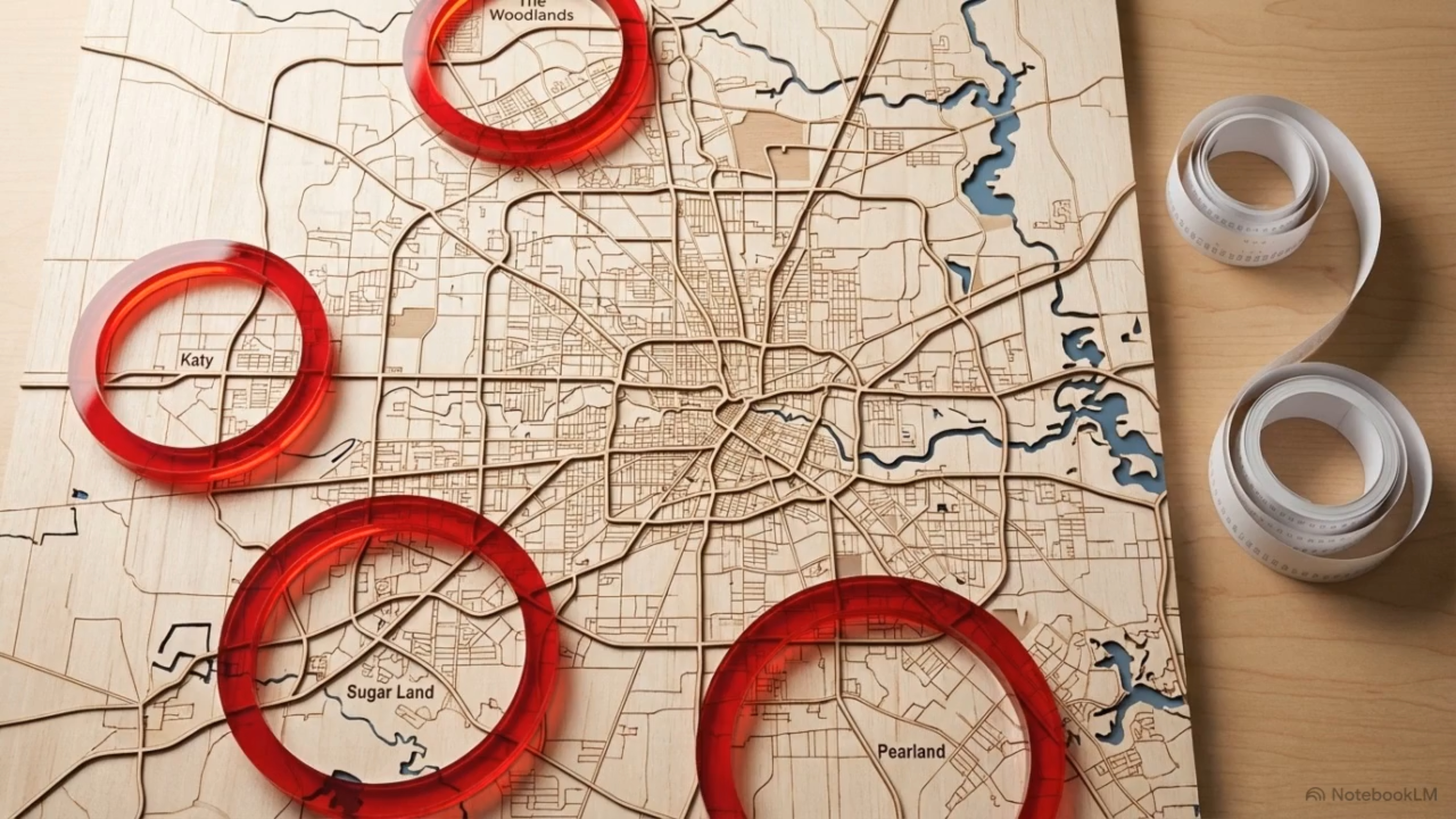 Map of Houston highlighting key real estate investment areas including Katy, The Woodlands, Sugar Land, and Pearland with marked growth zones