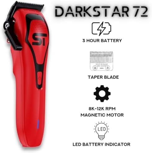 Supreme Trimmer Darkstar 72 Clipper w/DLC Blades | 180 Min Run Time, 9000 RPM Hair Clipper | Low Noise Magnetic Vector Motor