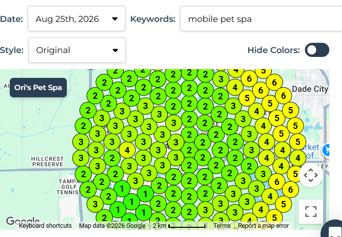 Local search visibility heat map showing Ori's Pet Spa coverage area.