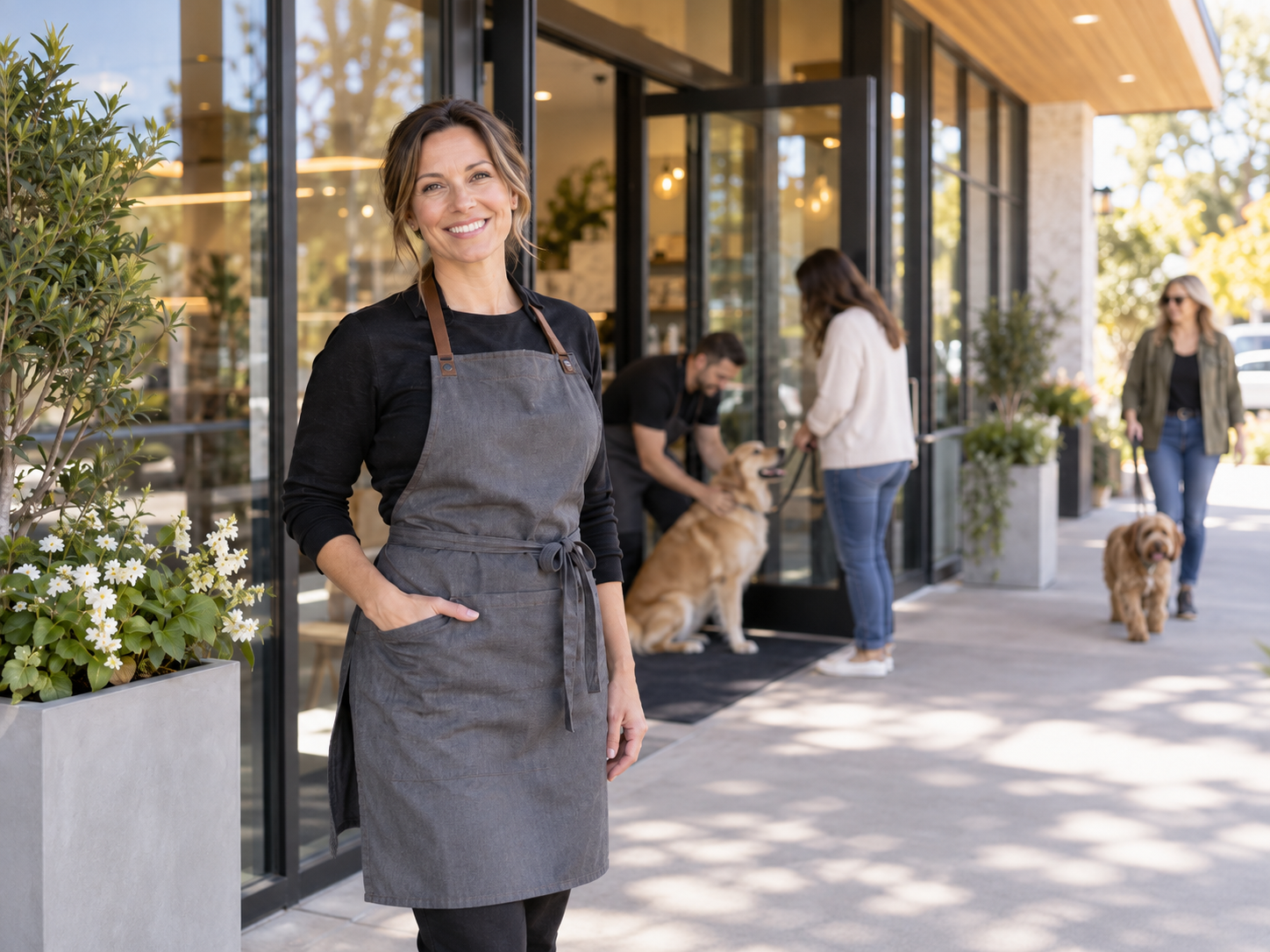 A confident pet-care business owner outside a thriving local pet-care business with customers and dogs in the background