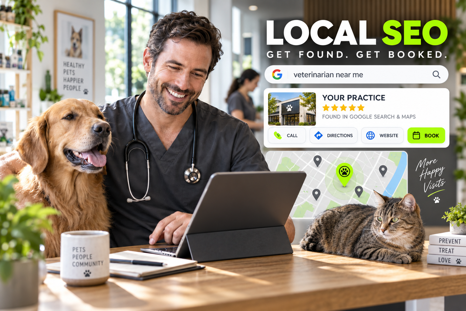 Veterinarian examining a dog in a modern pet-care clinic, representing local SEO visibility for veterinary practices