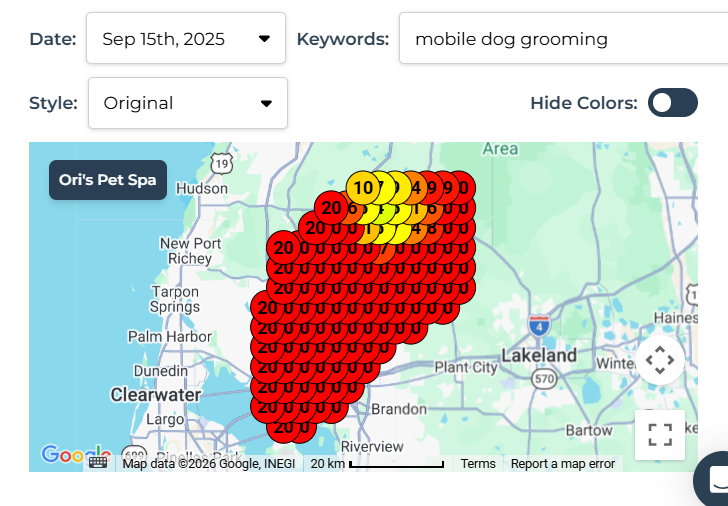 Ori's Pet Spa starting local search visibility heatmap
